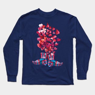 Pink hearts confetti and happy feet socks for Valentines on blue background Long Sleeve T-Shirt